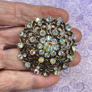 Vintage AB Brooch Silver Tone Aurora Borealis Rhinestone Stunning Sparkly